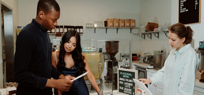 couple discussing what to buy